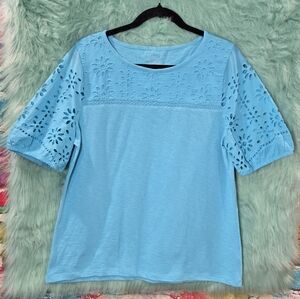 Talbots Blue Short Sleeve Eyelet Embroidered Top Size Lp